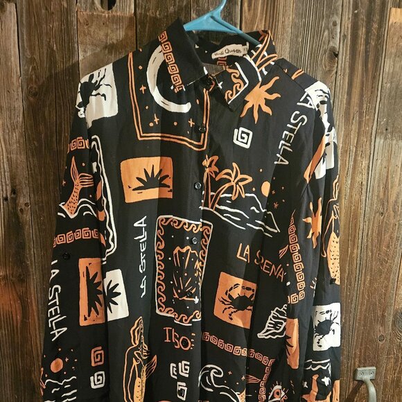 Bali Queen Oversized Button-Down Shirt – Black & Orange Boho Tropical Print - Picture 1 of 3